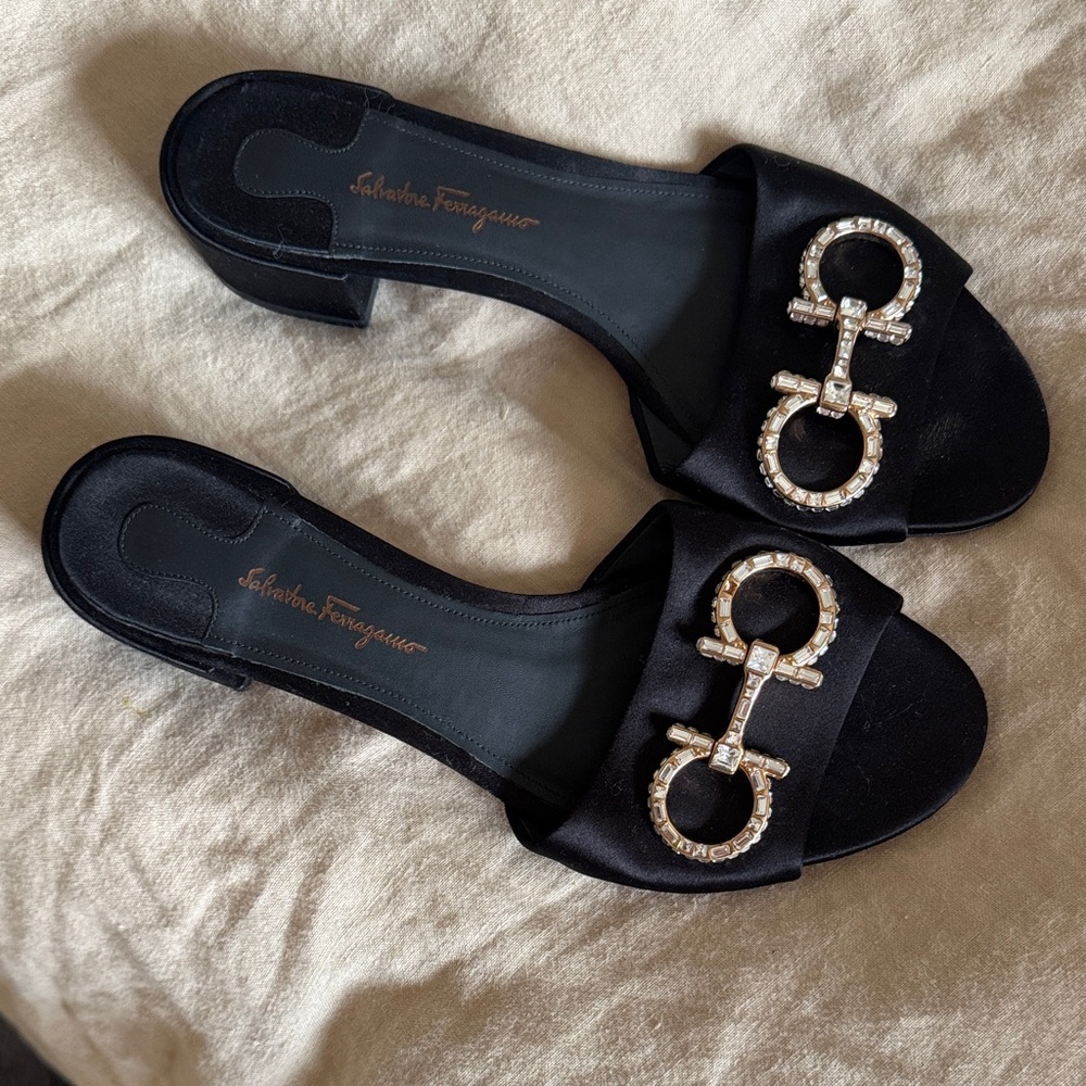 Salvatore Ferragamo Black Satin Crystal-Trim Horsebit Slide Mules
